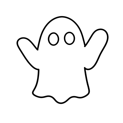 Simple black outline of a waving ghost with round eyes on transparent background