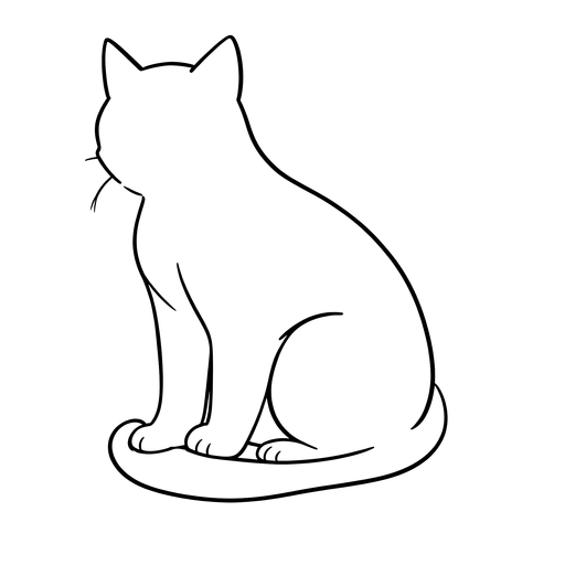 Black line drawing of a sitting cat with curled tail on transparent background