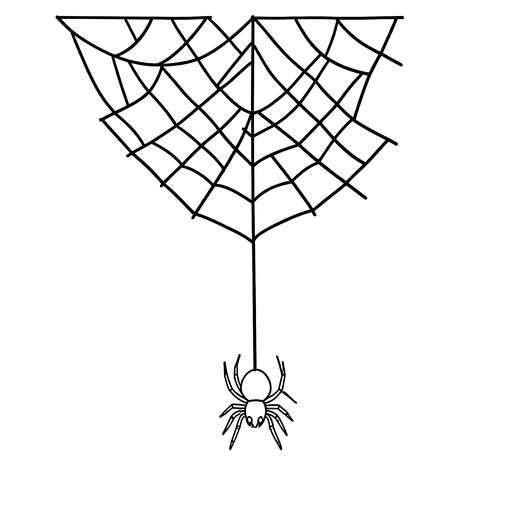 Black spider web line drawing with a hanging spider on transparent background