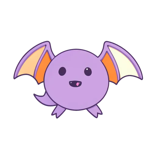 Round purple bat with open wings and tiny fangs on transparent background