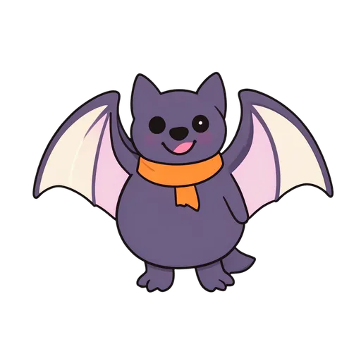 Smiling dark bat wearing a small orange scarf on transparent background