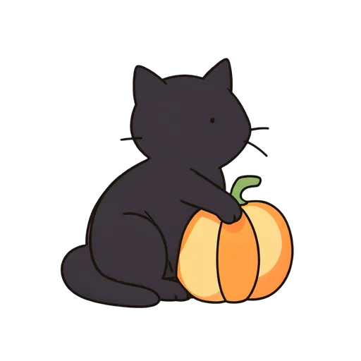 Sitting black cat resting a paw on a pumpkin on transparent background