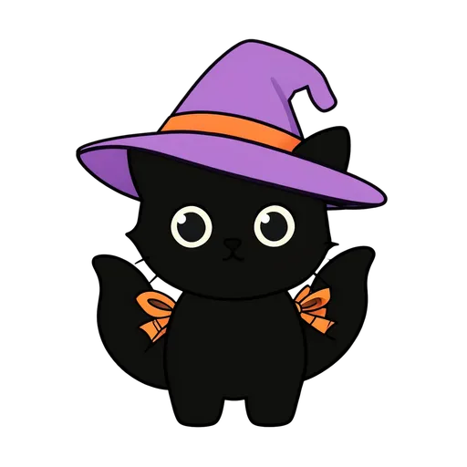 Wide-eyed black kitten wearing a purple witch hat on transparent background