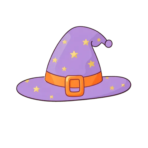 Curled purple witch hat with gold stars and orange buckle on transparent background