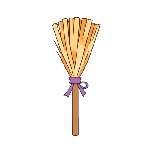 Small straw witch broom tied with a purple ribbon on transparent background