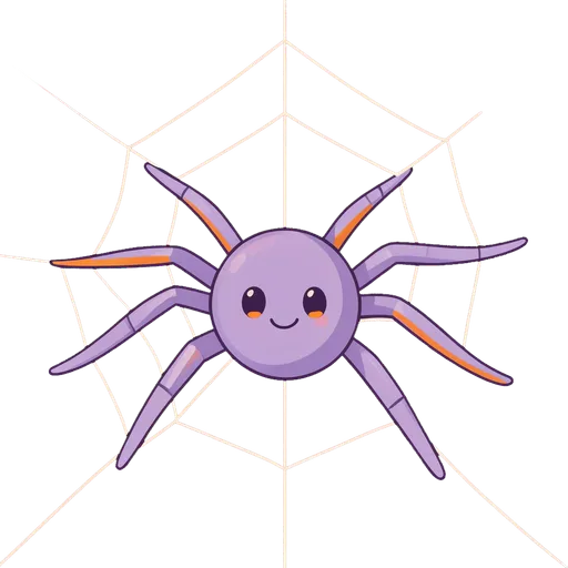 Round smiling purple spider hanging from a delicate web on transparent background