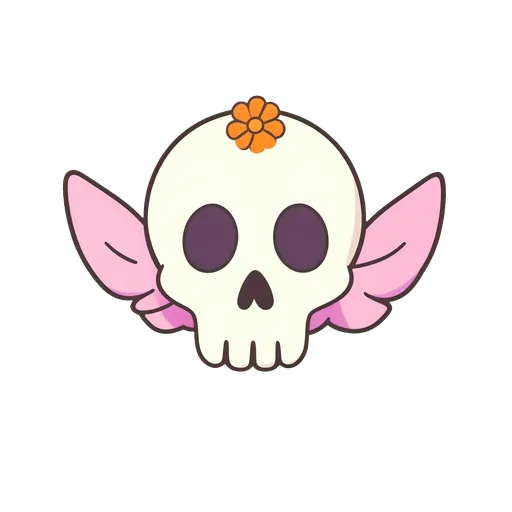 Friendly ivory skull with a small orange flower on transparent background