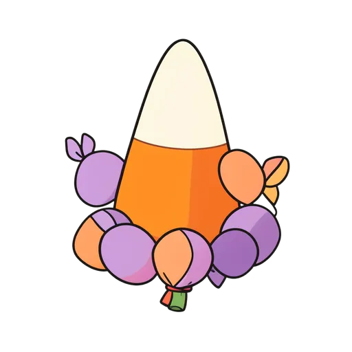 Candy corn beside purple and orange wrapped sweets on transparent background