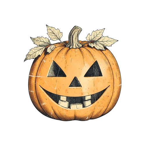 Vintage orange jack-o'-lantern with a wide grin and leaves on transparent background