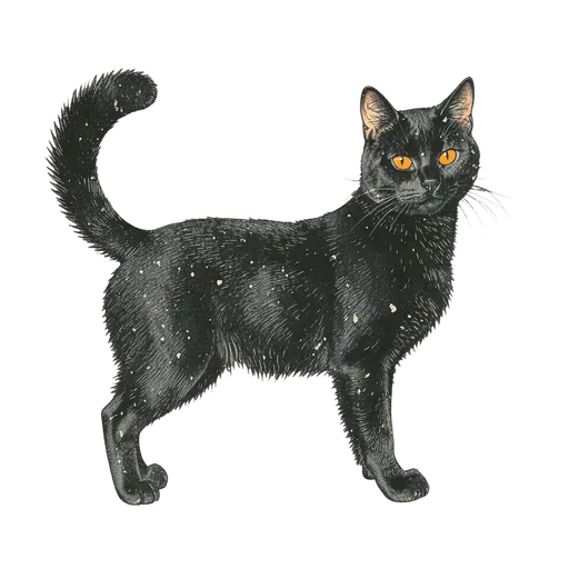 Vintage standing black cat with a curled tail and orange eyes on transparent background
