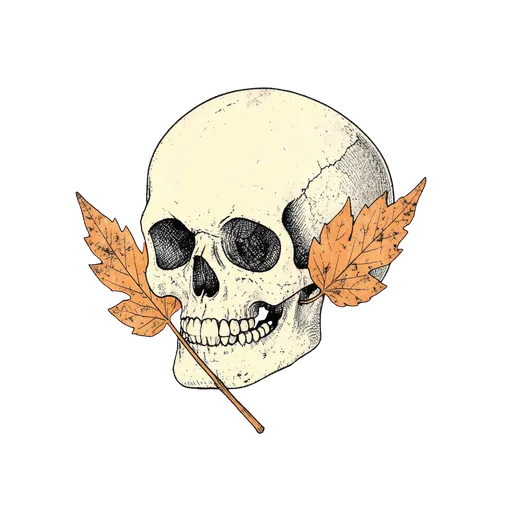 Vintage ivory skull beside a faded orange autumn sprig on transparent background