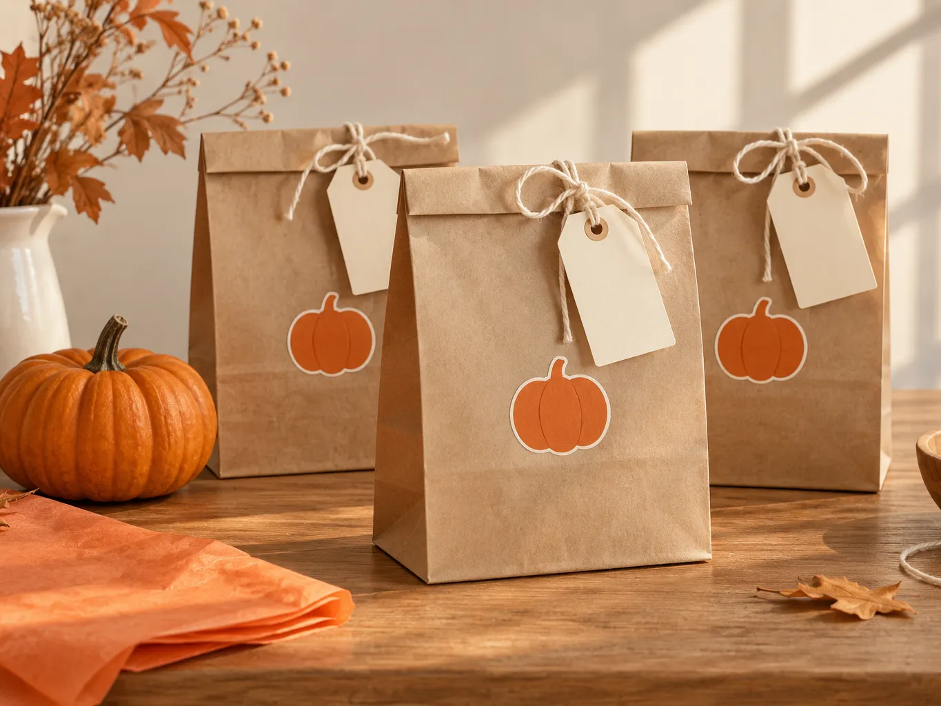 Kraft paper treat bags with blank Halloween gift tags tied on twine and pumpkin stickers