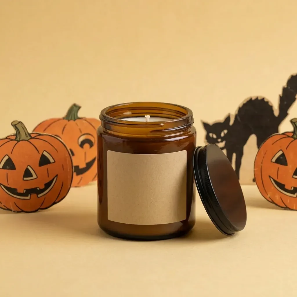 Amber candle jar with a blank kraft label among paper jack-o'-lanterns and a black cat cutout on yellow paper