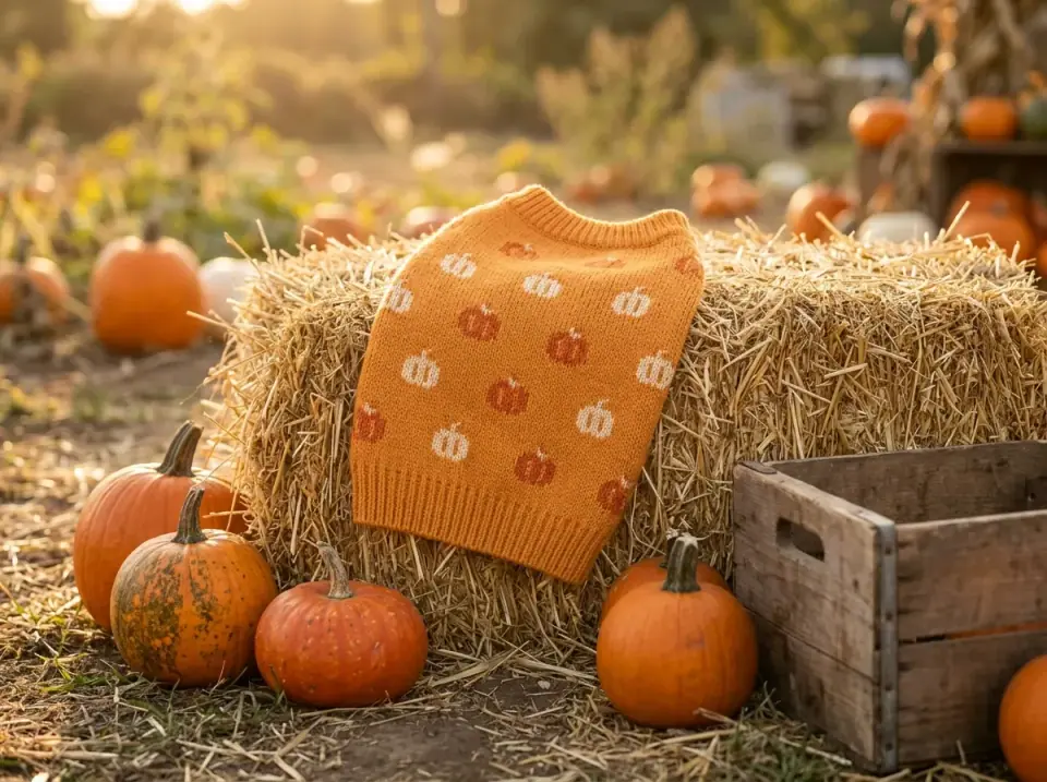 Orange knit pet sweater with a pumpkin pattern on a hay bale in a pumpkin patch