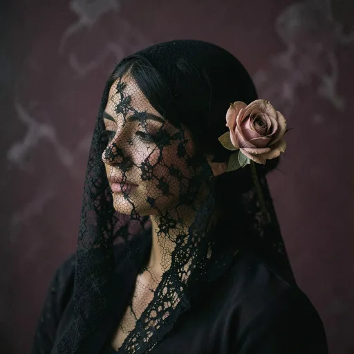 Dark aesthetic portrait of a woman in a black lace veil on plum