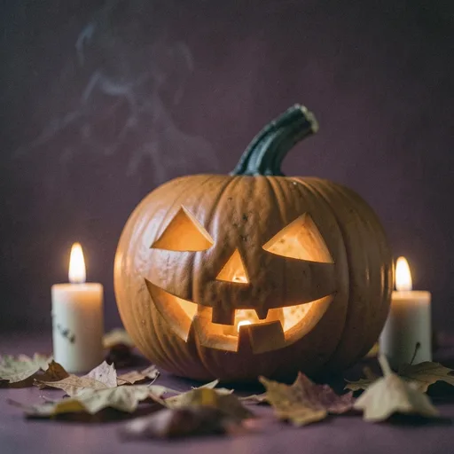 Glowing jack-o'-lantern beside two candles with autumn leaves out of focus