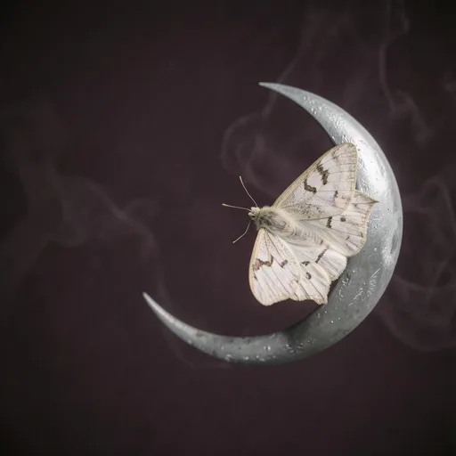 Pale moth resting on a crescent moon against a deep purple night sky