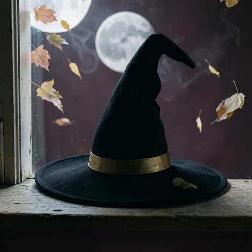 Silhouette of a witch hat on a windowsill with a full moon and falling leaves outside