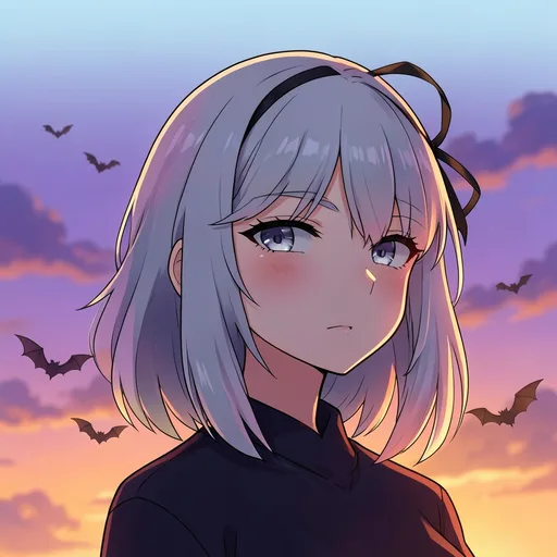 Original anime girl with silver hair and small bats behind her at sunset