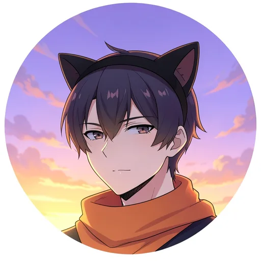 Original anime boy wearing a black cat-ear headband and an orange scarf under a sunset sky