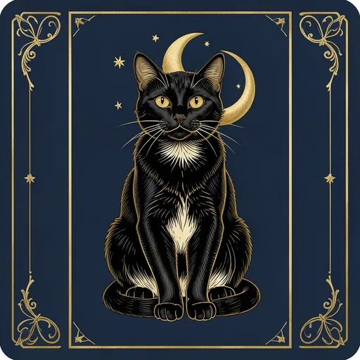 Vintage tarot-style card with a crescent moon, stars and a black cat in gold line art