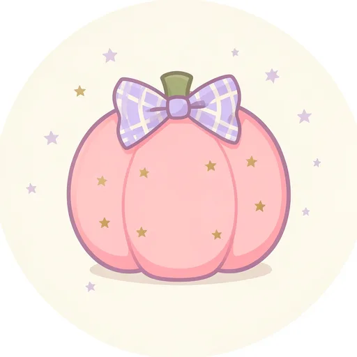 Preppy pink pumpkin with a plaid bow and gold stars on a cream background