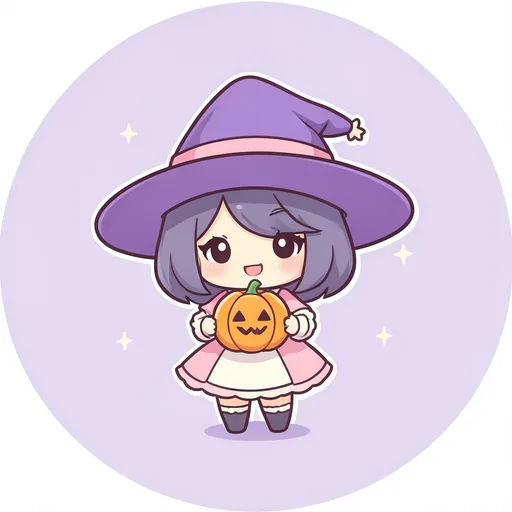 Cute chibi witch girl in a purple hat holding a tiny pumpkin on a lavender background