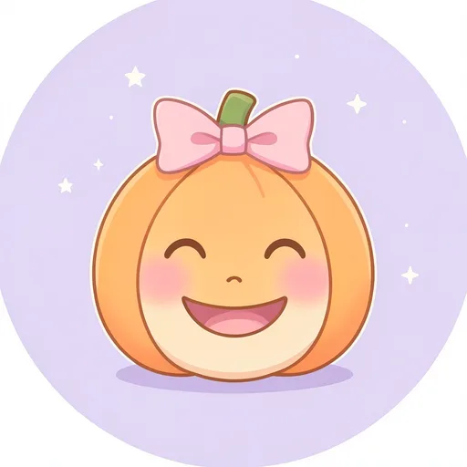 Smiling pastel pumpkin with a pink bow and rosy cheeks on a cream background