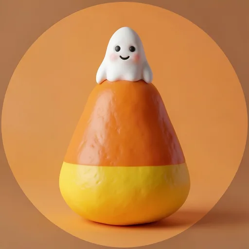 Tiny ghost peeking out of a giant candy corn on a soft orange background