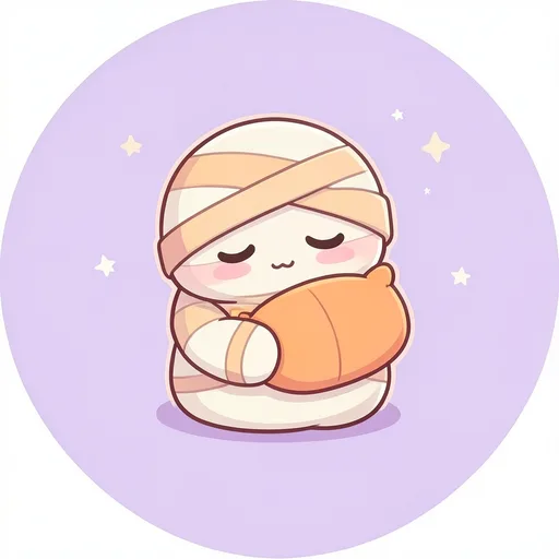 Sleepy cartoon mummy hugging a pillow with stars around its head