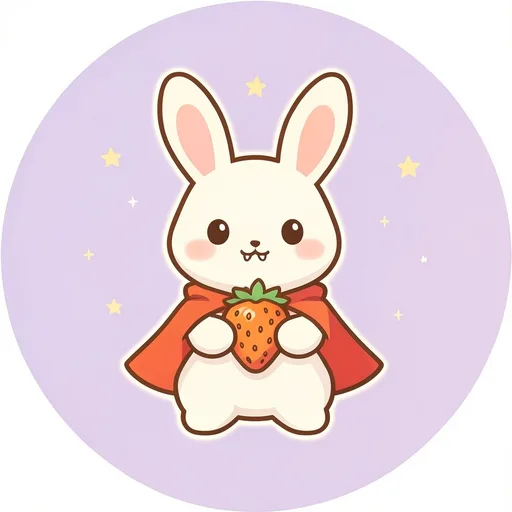 Cute bunny with tiny vampire fangs and a red cape holding a strawberry