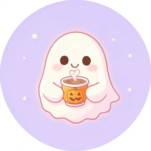 Kawaii ghost holding a pumpkin spice latte with steam shaped like a heart
