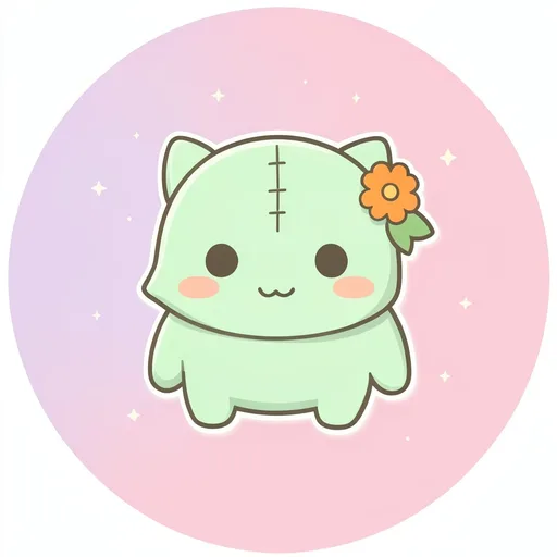 Pastel green chibi stitched monster with a shy smile and a flower behind one ear