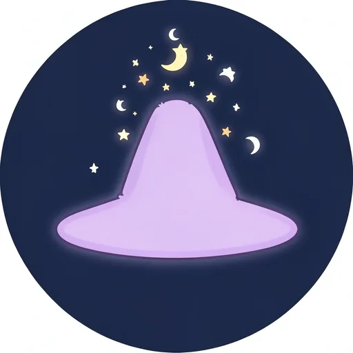 Purple witch hat spilling tiny stars and moons on a midnight blue background