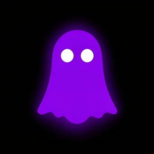 Bold purple ghost icon with white eyes centered on a dark background
