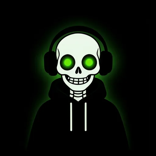 Skeleton in a black hoodie with glowing green eyes and gaming headphones