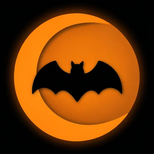 Minimal bat silhouette in front of a large crescent moon in flat colors