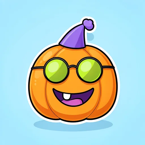 Cartoon pumpkin with a goofy one-tooth grin wearing round sunglasses and a party hat