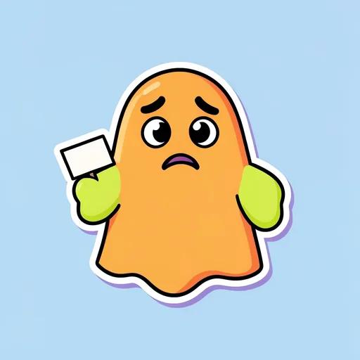 Cartoon ghost wearing a small paper sign with a question mark, looking confused