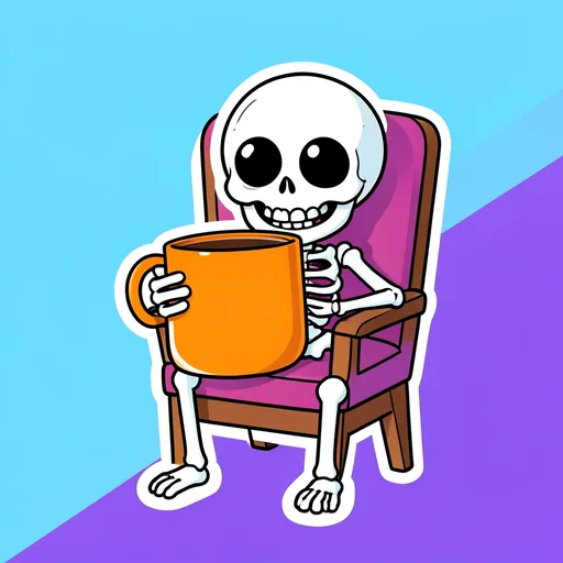 Cartoon skeleton slumped in a chair holding a huge coffee mug