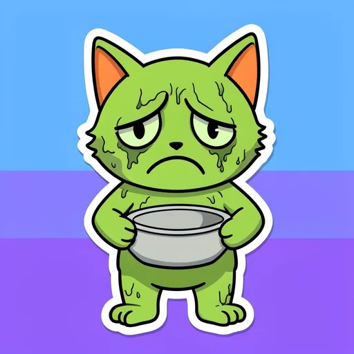Green cartoon zombie cat holding an empty food bowl with a dramatic sad face