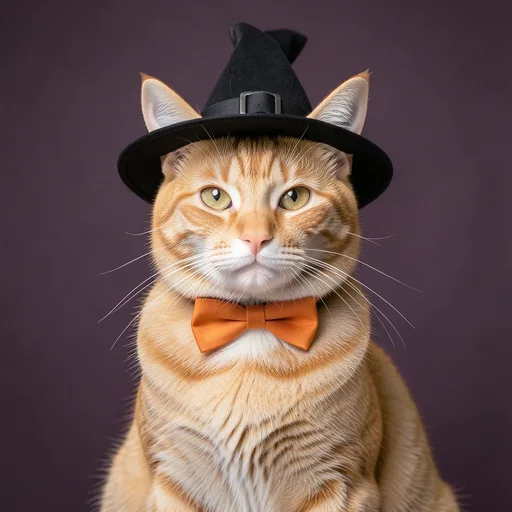 Orange tabby cat wearing a small black witch hat and an orange bow tie