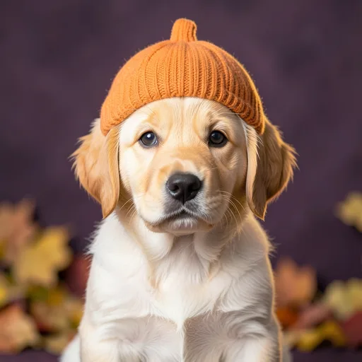 Golden retriever puppy in a knitted pumpkin hat with autumn leaves behind