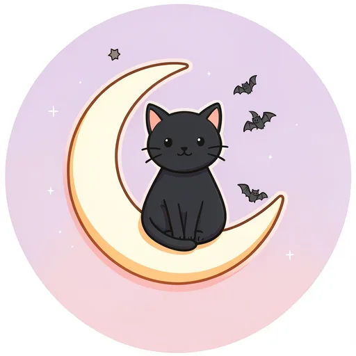 Black cat sitting on a crescent moon with tiny bats around it