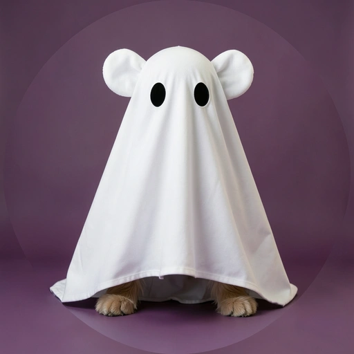 Small dog wearing a white ghost sheet with eye holes on a purple background