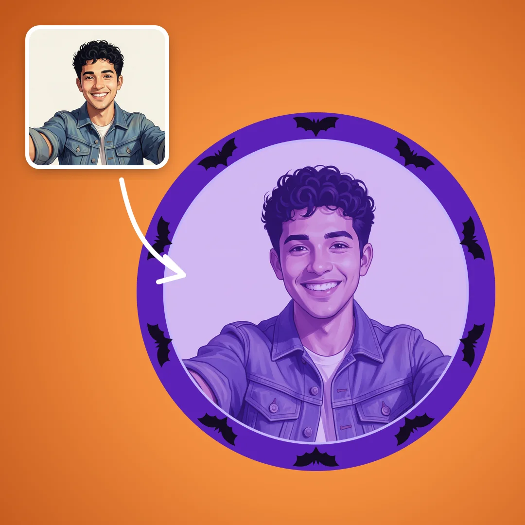 before: selfie in a denim jacket; after: circle Halloween PFP with a purple bat frame