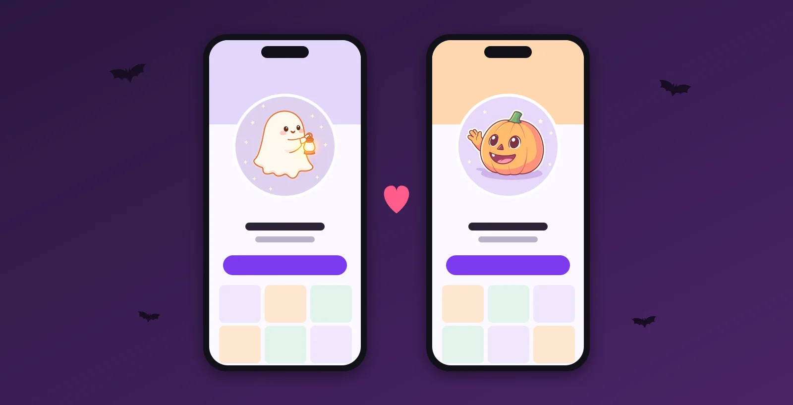 Two phone mockups showing a ghost and a pumpkin in circular profile pictures