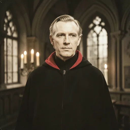 Sepia old horror film style portrait of a pale vampire in a high-collared cape