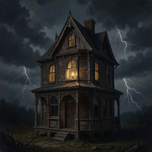 Dark Victorian dollhouse with one lit window on a stormy night