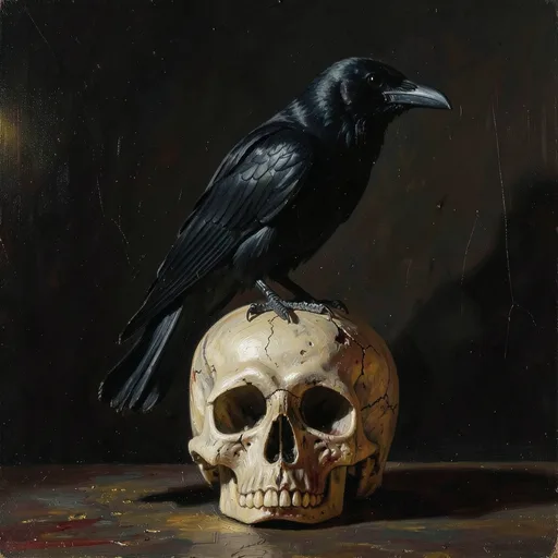 Black raven perched on an old skull with candle light and deep shadows